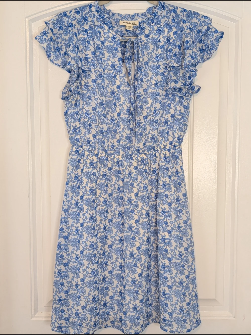 Monteau Blue and White Floral Patterned Ruffle Sleeve Dress - Picture 2 of 12